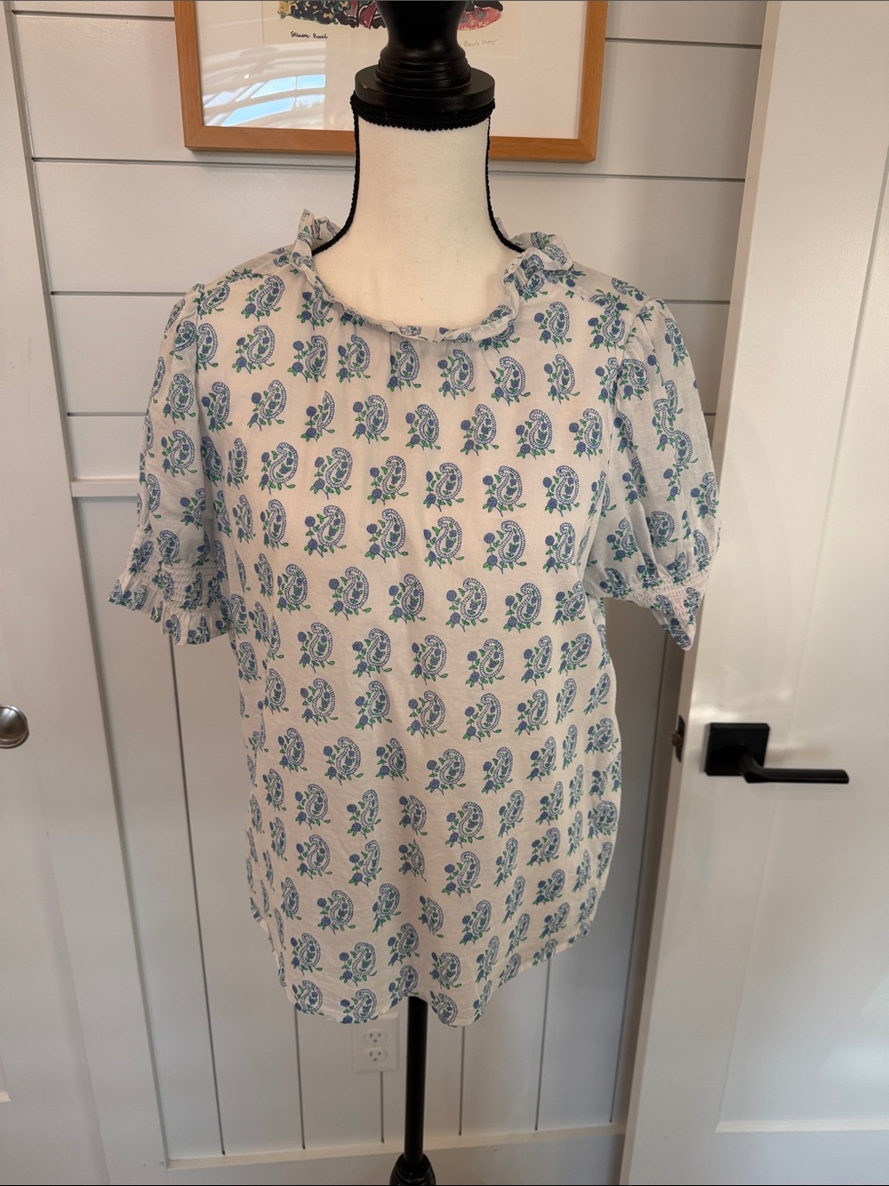 J Crew Lightweight White Floral Print Puff Sleeve Blouse — Blue & Green